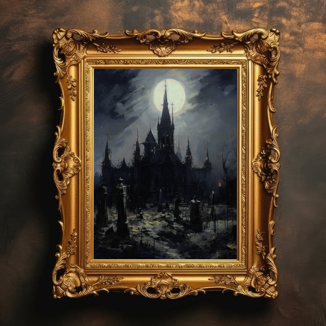 Gothic Cathedral Cemetery Under Full Moon Dark Oil Painting Poster