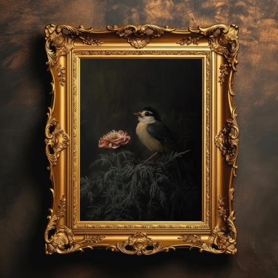 Bird Bloom Dark Academia Botanical Art Vintage Oil Painting Gothic Nature Print Moody Wall