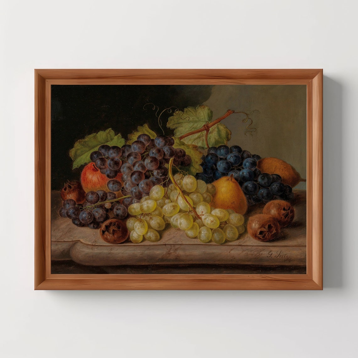Still Life Grapes Pears Chestnuts Vintage Oil Painting Poster