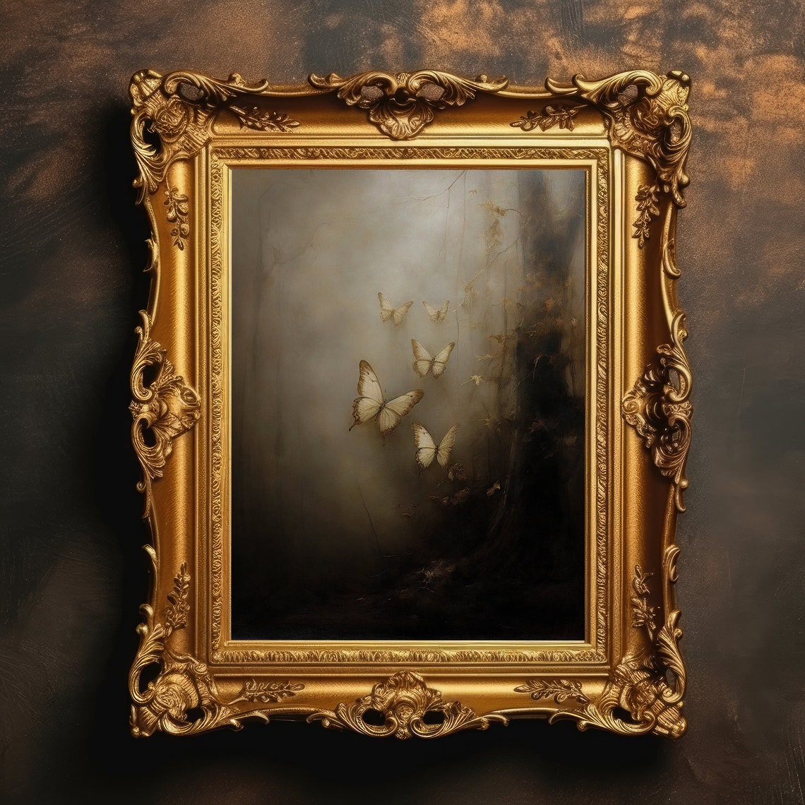 Butterflies Rising Through Misty Dark Forest Painting Poster