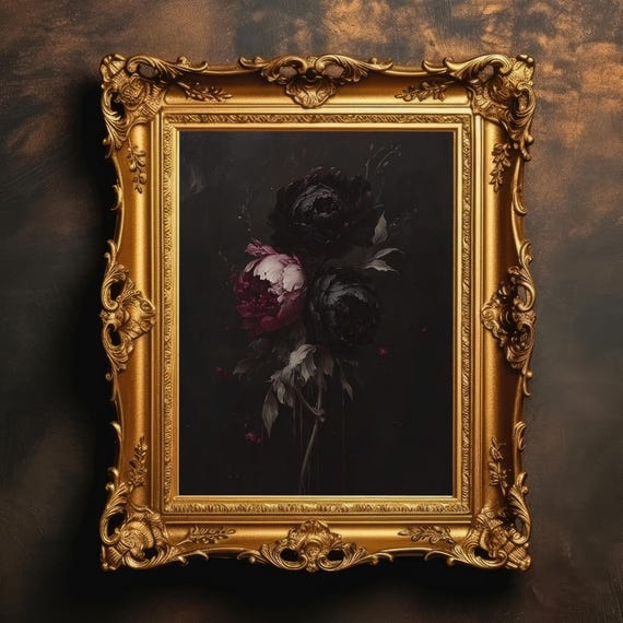 Dark Floral Still Life Painting Moody Peony Art Academia Gothic Botanical Wall Goth Decor