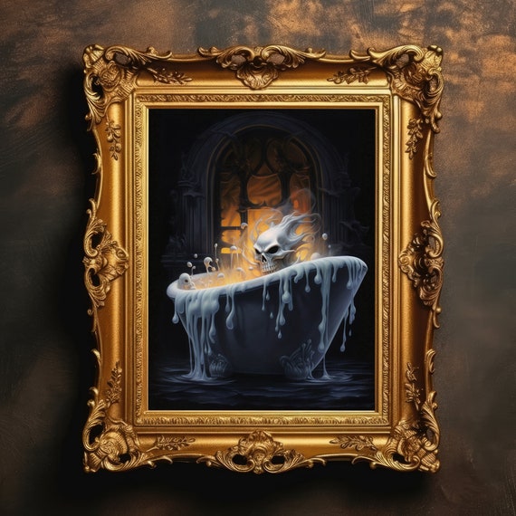 Skull In Bathtub Halloween Decor Spooky Skeleton Print Dark Academia Gothic Wall Art