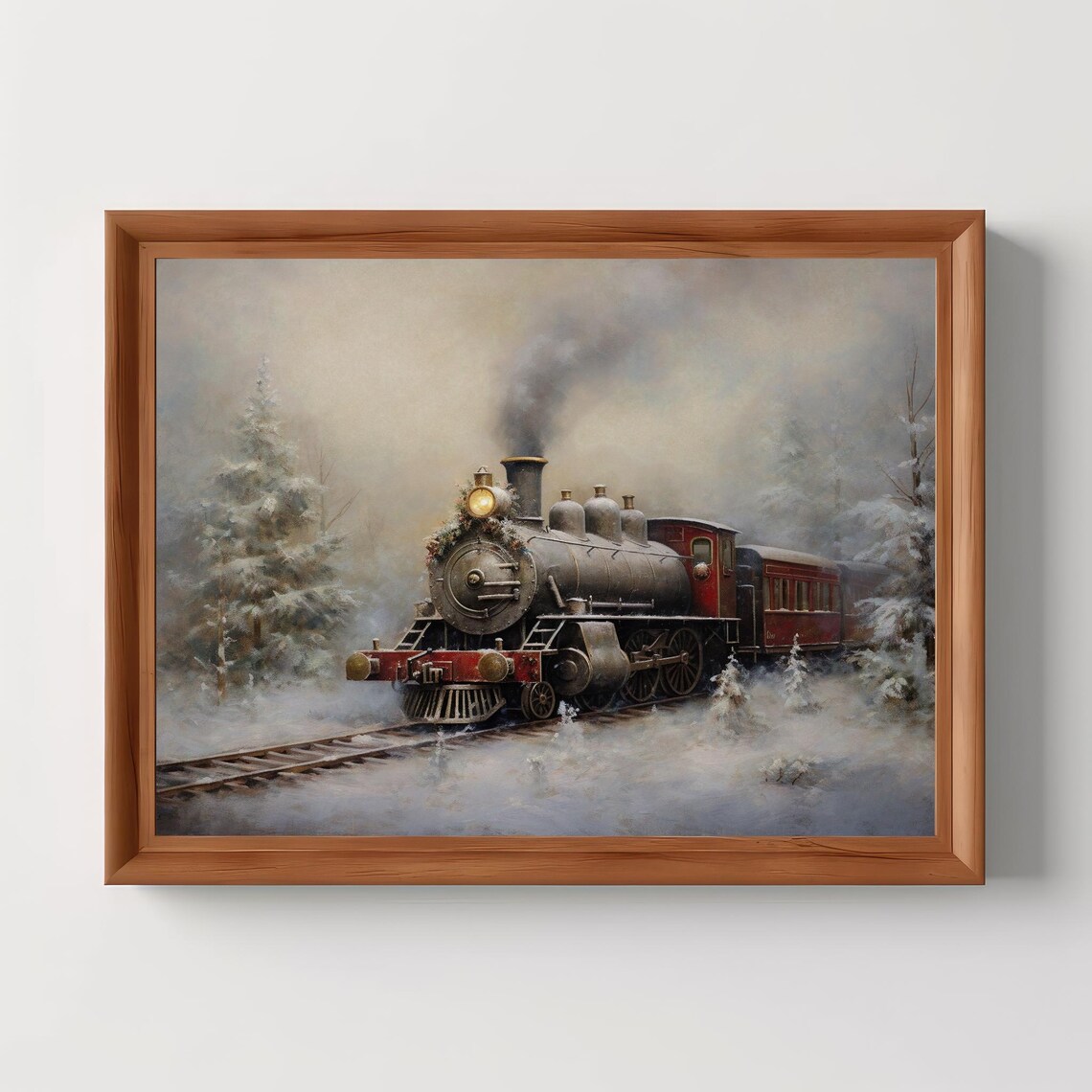 Winter Steam Train Snowy Forest Moody Vintage Oil Painting Poster
