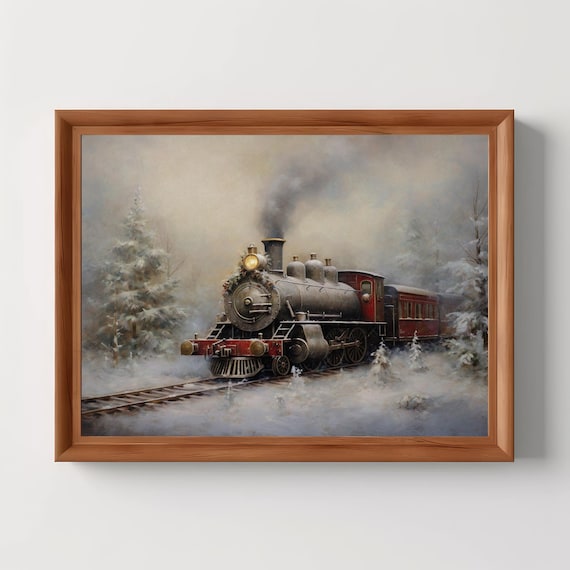 Winter Steam Train Snowy Forest Moody Vintage Oil Painting Poster