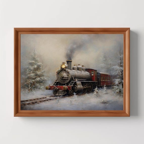 Winter Train Vintage Oil Painting Moody Locomotive Art Print Snow Landscape Christmas Home Decor