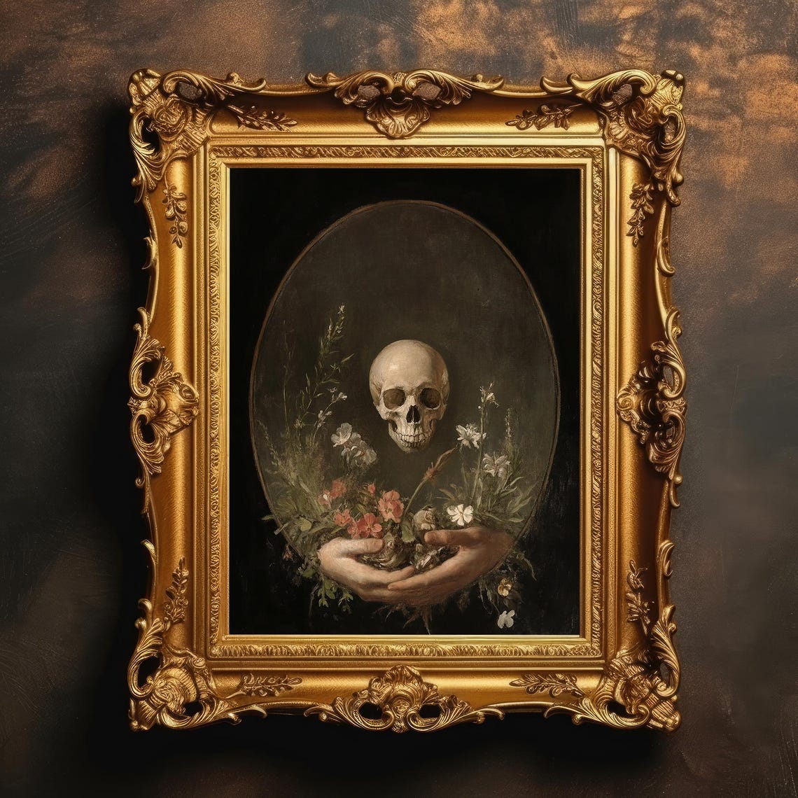 Skull With Wildflowers In Hands Memento Mori Dark Academia Poster
