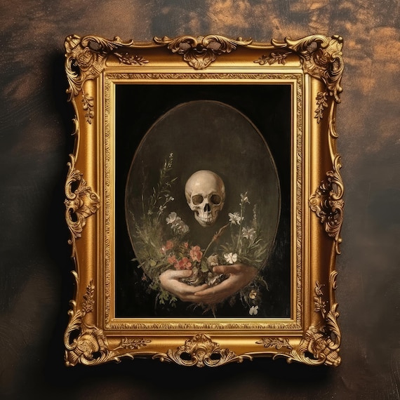 Skull With Wildflowers In Hands Memento Mori Dark Academia Poster