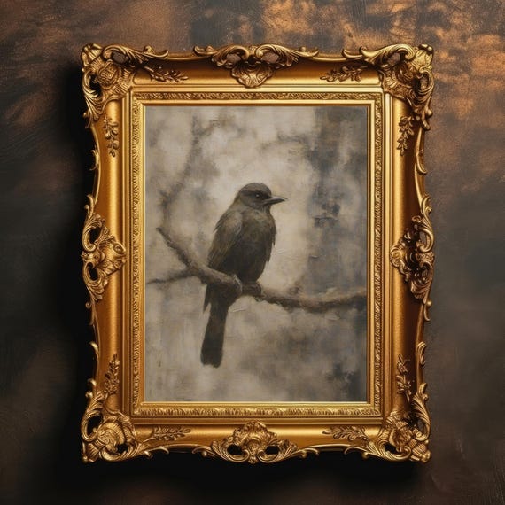 Gothic Crow Art Print Dark Academia Moody Bird Painting Vintage Style Nature Portrait Rustic Wall Decor