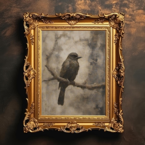Gothic Crow in Ornate Gold Frame Dark Academia Bird Painting Poster