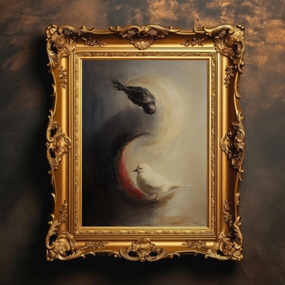 Yin Yang Birds Black and White Surreal Gothic Oil Painting Print