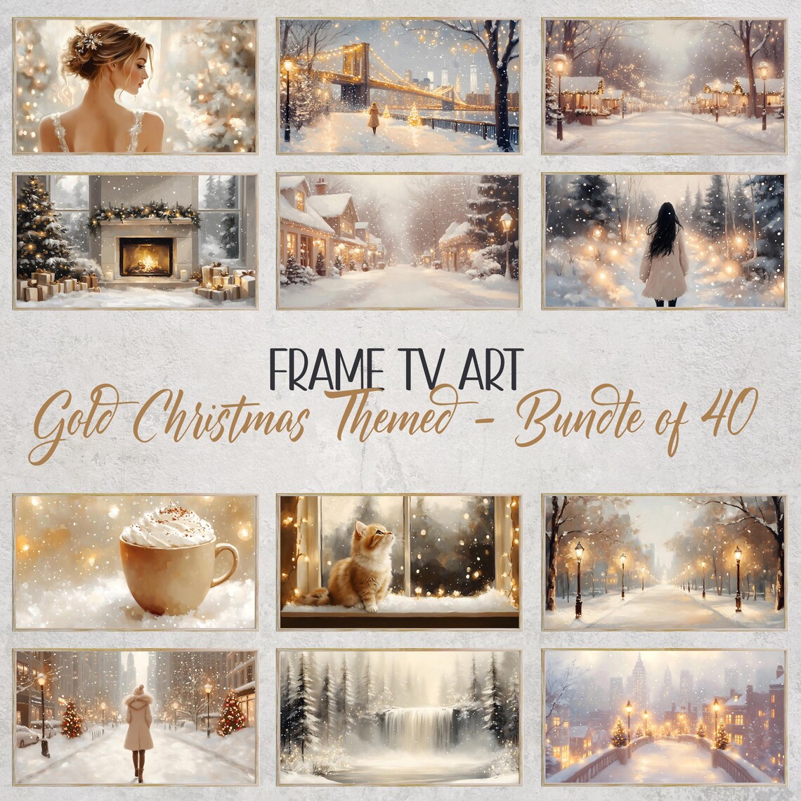 Gold Christmas Frame TV Art Bundle of 40 Holiday Winter Scenes Poster