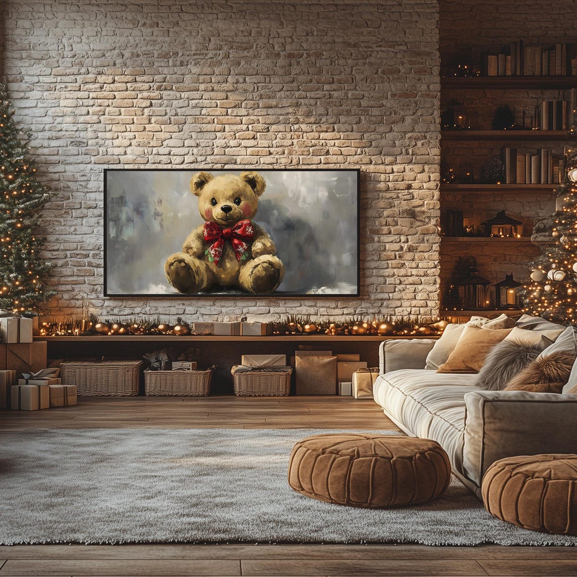 Festive Teddy Bear With Red Bow Snowy Winter Portrait Frame TV Poster - Image 2