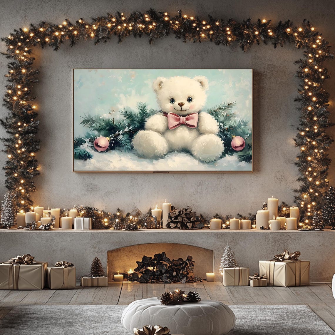 Cute White Teddy Bear with Pink Bow in the Snow Holiday Poster - Image 2