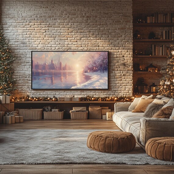 Sunrise Over Snowy City River Winter Landscape Painting Frame TV Poster