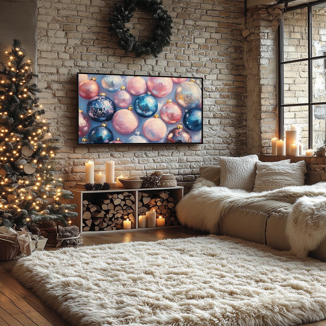 Pastel Pink and Blue Christmas Ornaments Cheerful Holiday Art Poster - Image 4