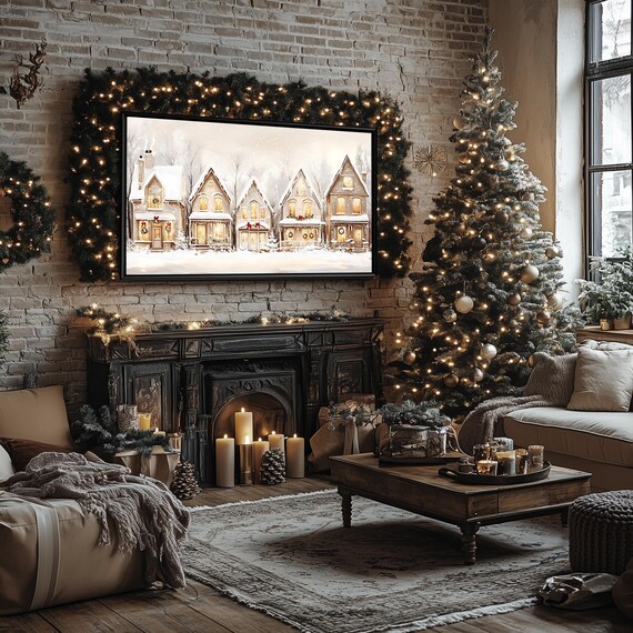 Holiday Hearth Row Snowy Christmas Cottages Glowing Windows Frame TV Poster