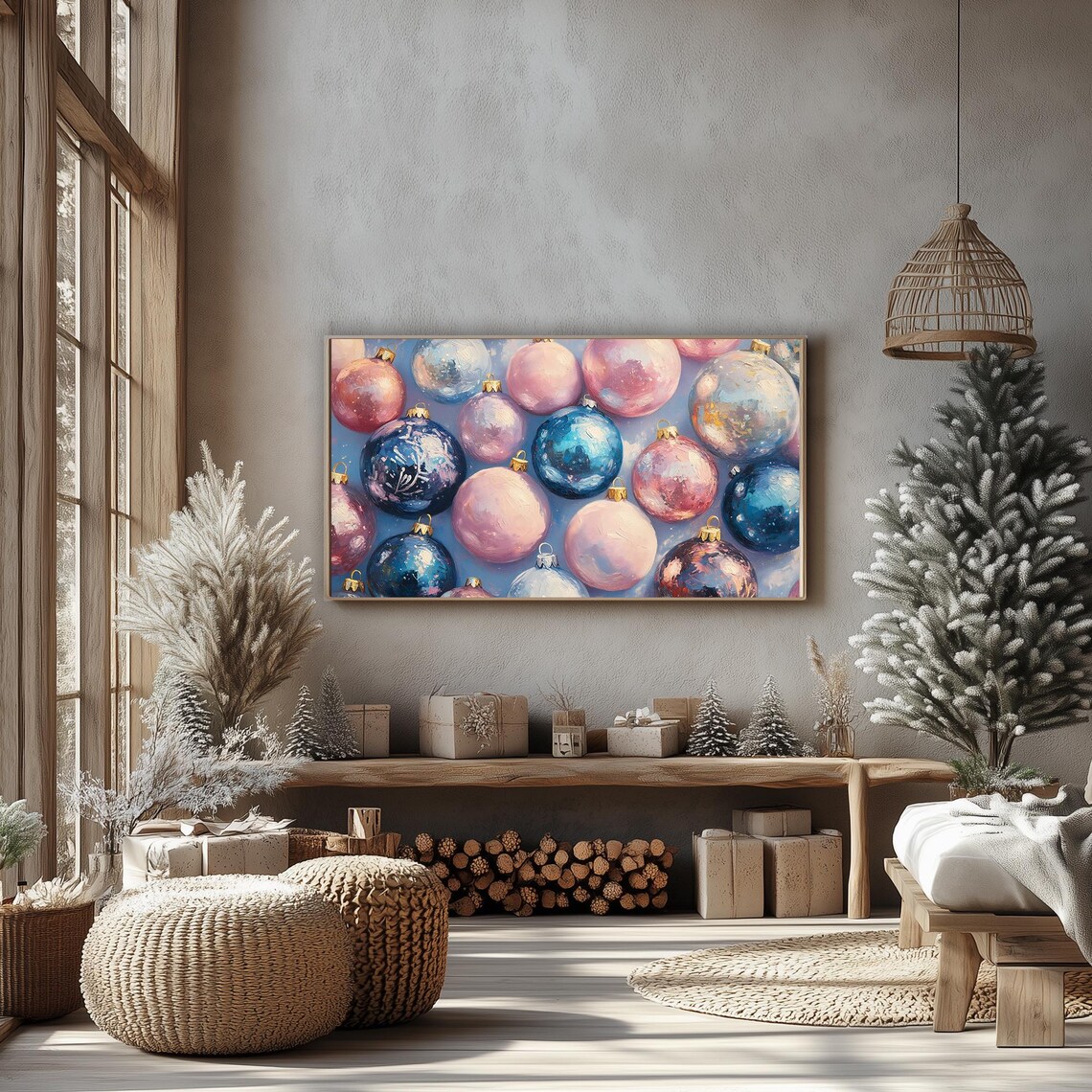 Pastel Pink and Blue Christmas Ornaments Cheerful Holiday Art Poster - Image 3