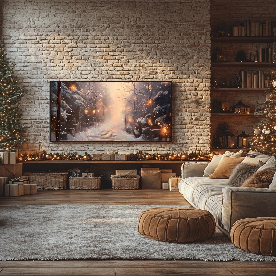 Winter Lantern Pathway Glowing Snowy Forest Night Lights Frame TV Poster - Image 3