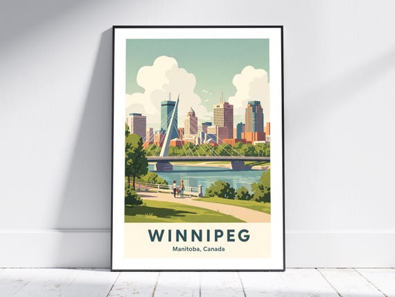 Winnipeg Art Print Green Blue Cityscape Vintage Travel Poster Canadian Decor For Living Room Bedroom Office