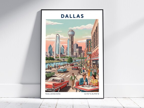 Dallas Texas Retro Downtown Travel Poster Vintage Skyline Scene Art