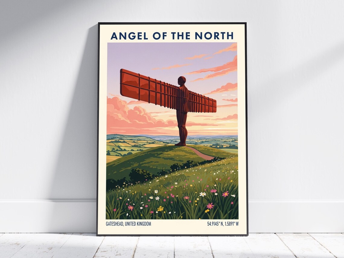 Angel Of The North Gateshead Steel Sculpture Sunset Travel Poster