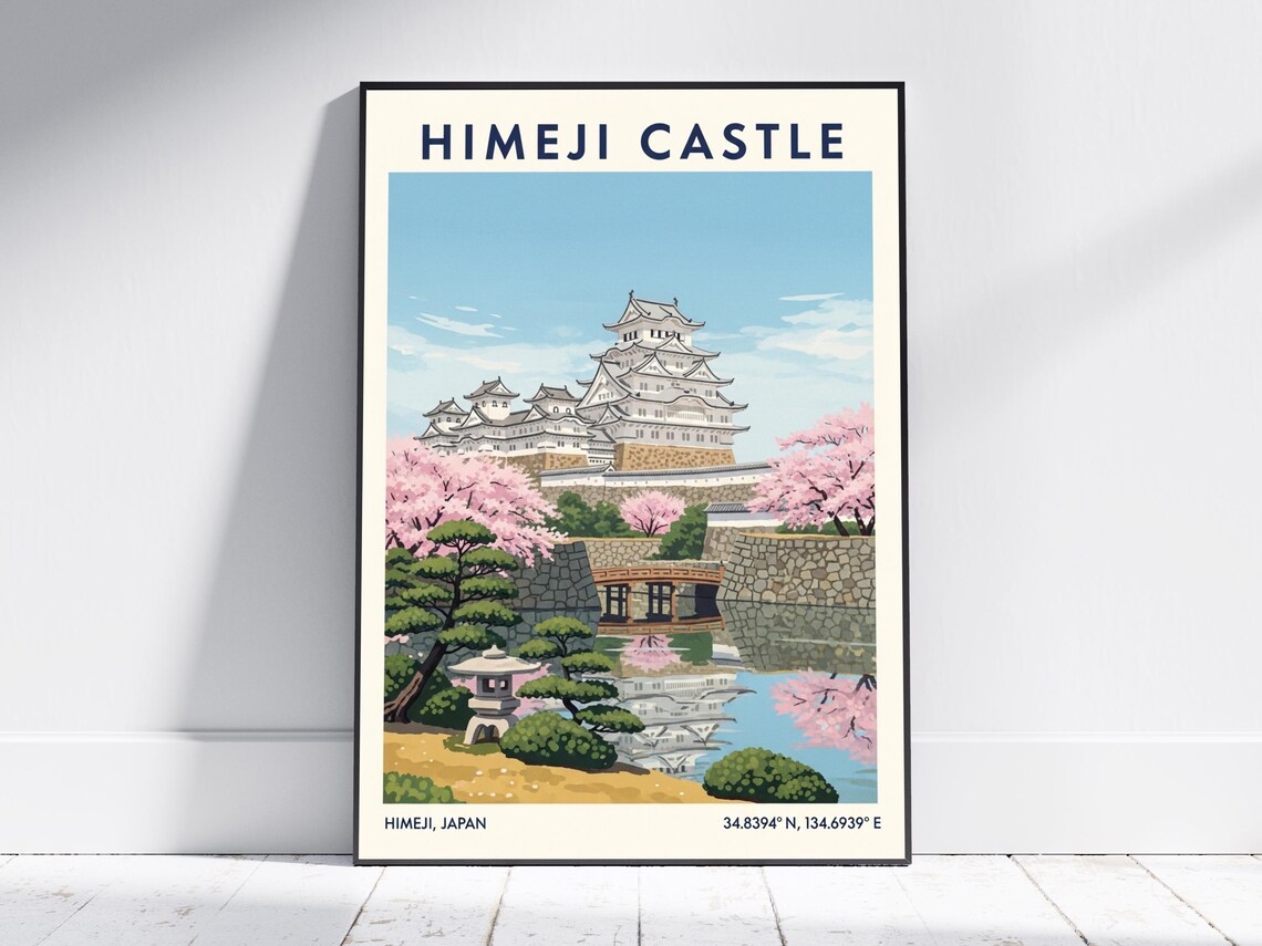 Himeji Castle Japan Cherry Blossom Vintage Landmark Travel Poster