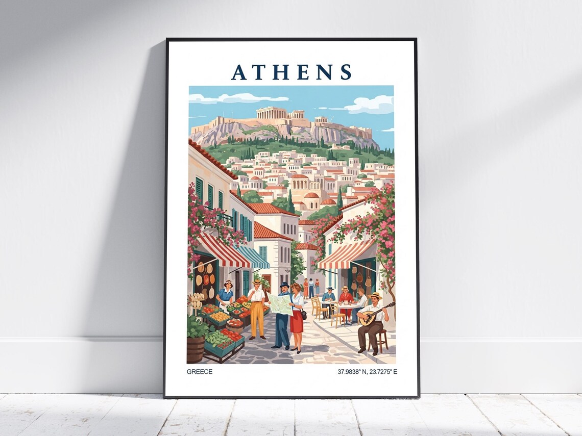 Athens Greece Acropolis Old Town Street Vintage Travel Poster