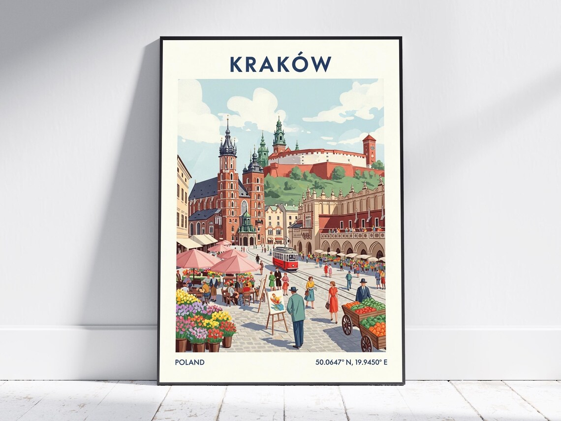 Krakow Poland Wawel Castle Market Square Vintage Travel Poster