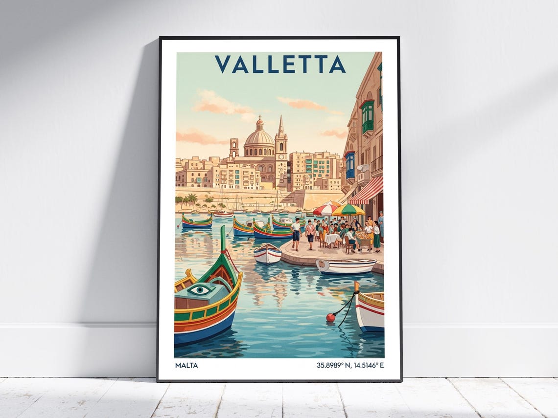 Valletta Travel Poster Malta Grand Harbour Colorful Luzzu Boats