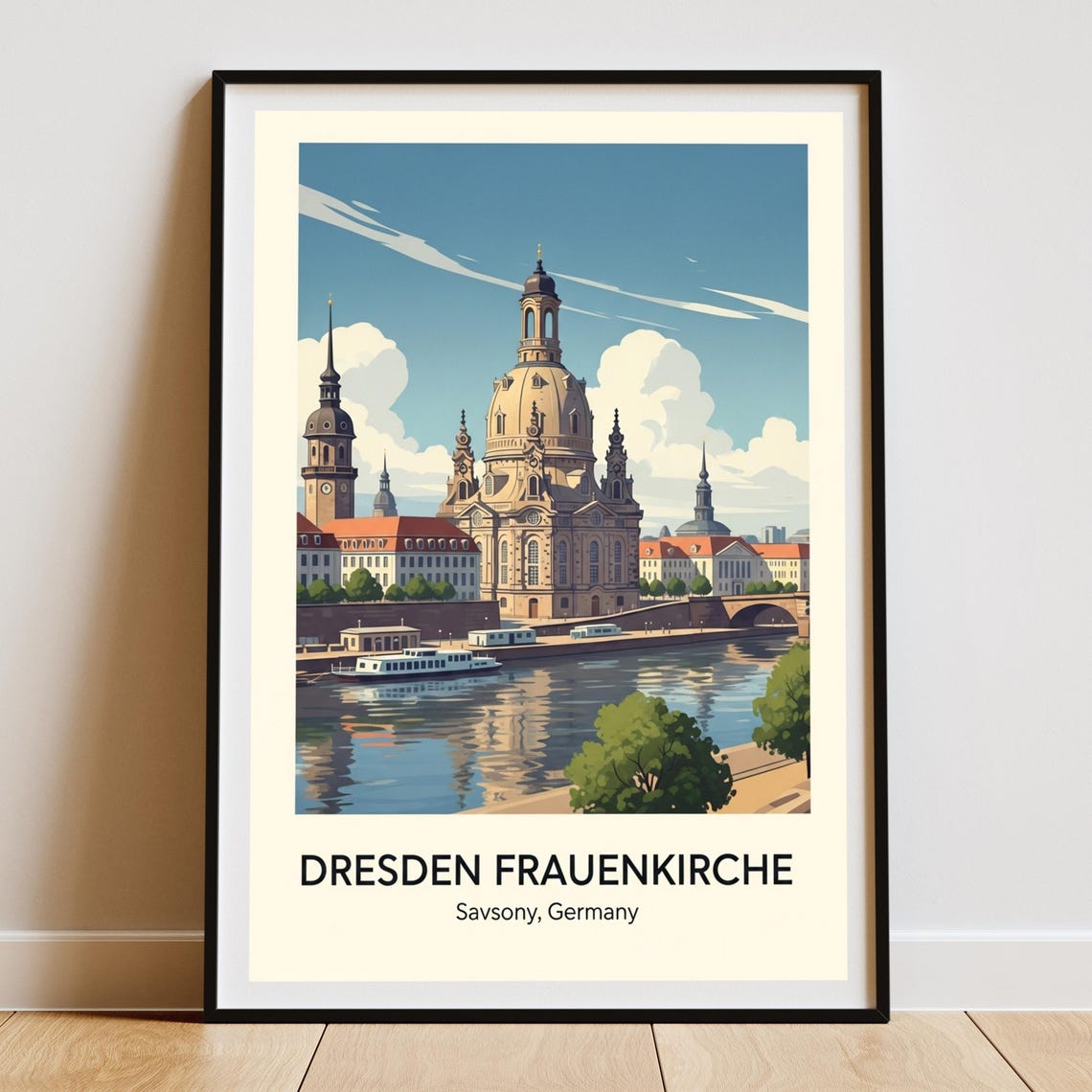 Dresden Frauenkirche Art Print Blue Beige And Green Illustration European Cityscape For Living Room Or Office Travel Enthusiasts