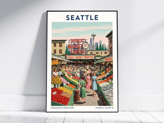 Seattle Washington Usa Travel Poster Vintage Wall Art Print Retro Skyline Home Decor Modern For Living Room Or Office