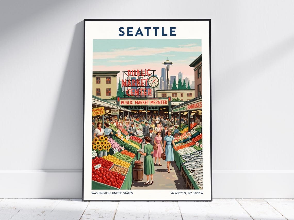 Seattle Pike Place Market Retro Space Needle Vintage Travel Poster