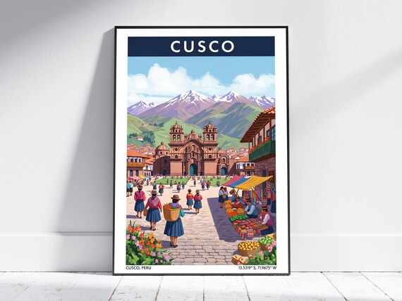 Cusco Peru Vintage Market Plaza Church Andes Mountains Poster