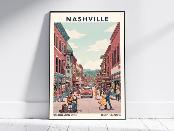 Nashville Tennessee Honky Tonk Street Travel Poster Music City Vintage Art