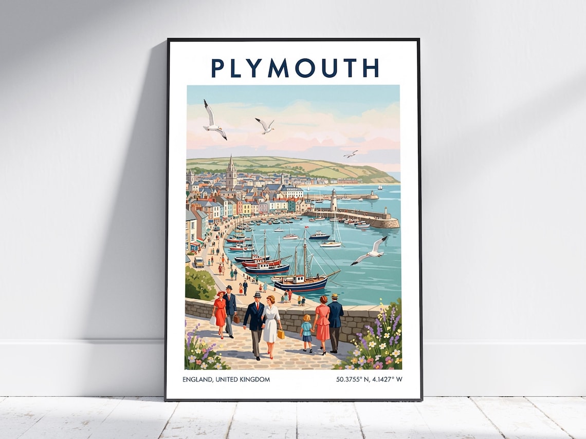 Plymouth England Vintage Travel Poster Harbor Boats Seagull Scene Art