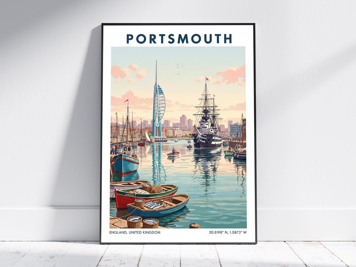 Portsmouth England Harbor Spinnaker Tower Vintage Travel Poster
