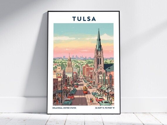 Tulsa Oklahoma Vintage Downtown Street Church Sunset Travel Poster