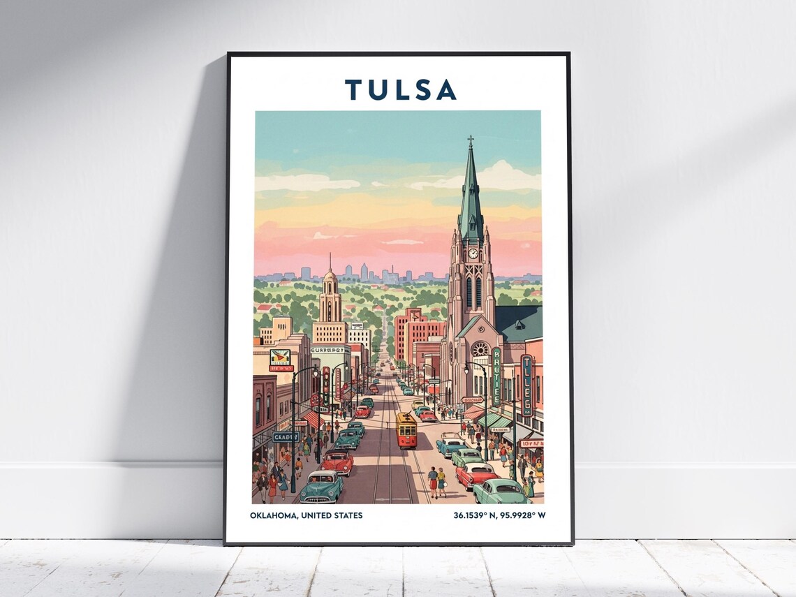 Tulsa Oklahoma Vintage Downtown Street Church Sunset Travel Poster