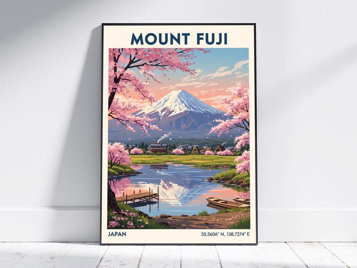 Mount Fuji Japan Cherry Blossom Lake Reflection Vintage Travel Poster