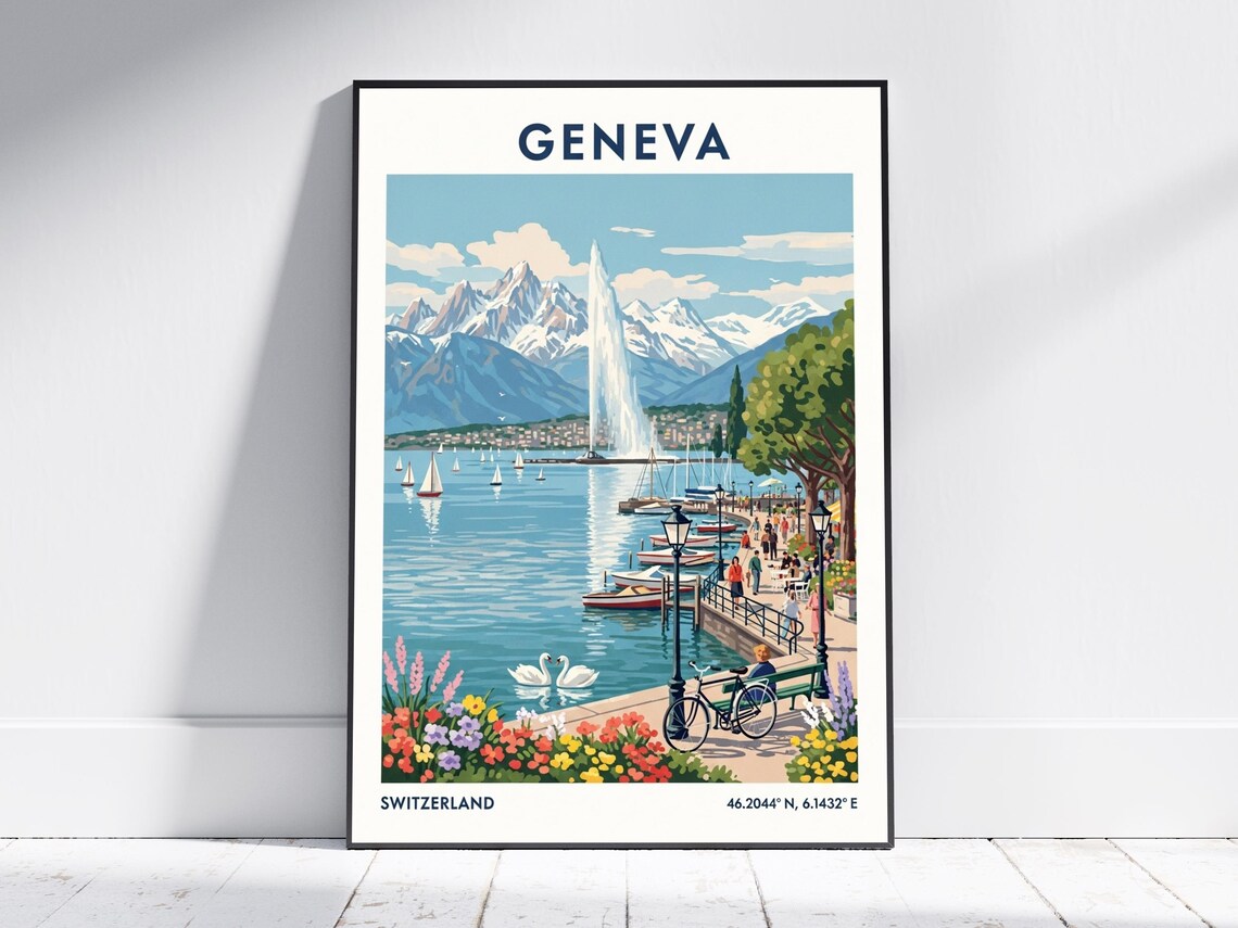 Geneva Switzerland Water Fountain Lake Alps Vintage Travel Poster