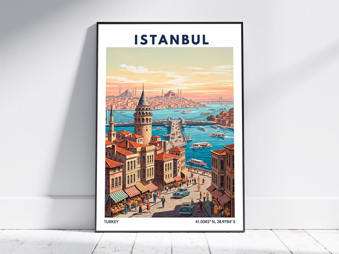 Istanbul Turkey Galata Tower Bosphorus Vintage Travel Poster