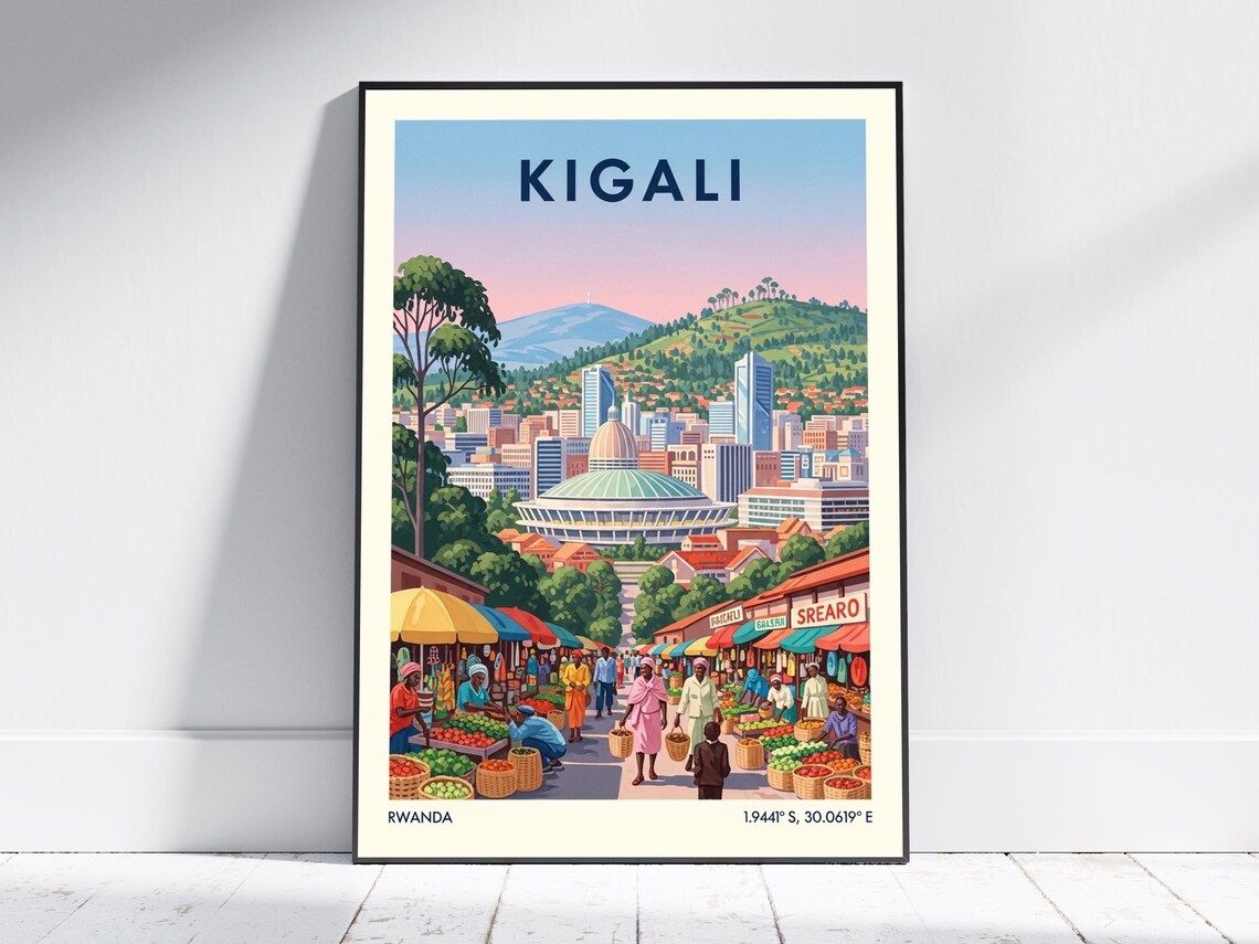 Kigali Rwanda Vintage Travel Market Street Hillside Skyline Scene Poster