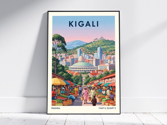 Kigali Rwanda Vintage Travel Market Street Hillside Skyline Scene Poster