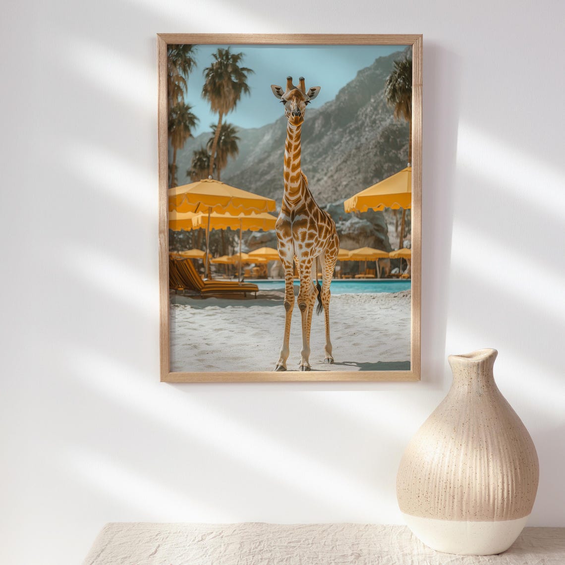 Giraffe Standing by a Resort Pool with Yellow Umbrellas Poster - Image 2