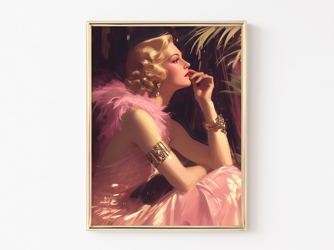 Art Deco Lady In Pink Dress, Mid-Century Art Print