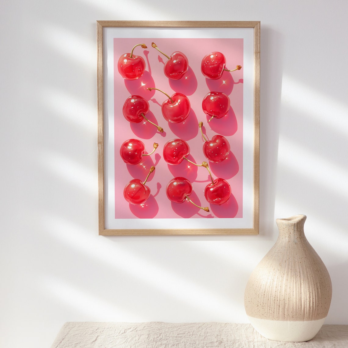 Sparkling Glossy Red Cherries Pattern on Candy Pink Kitchen Poster - Image 2