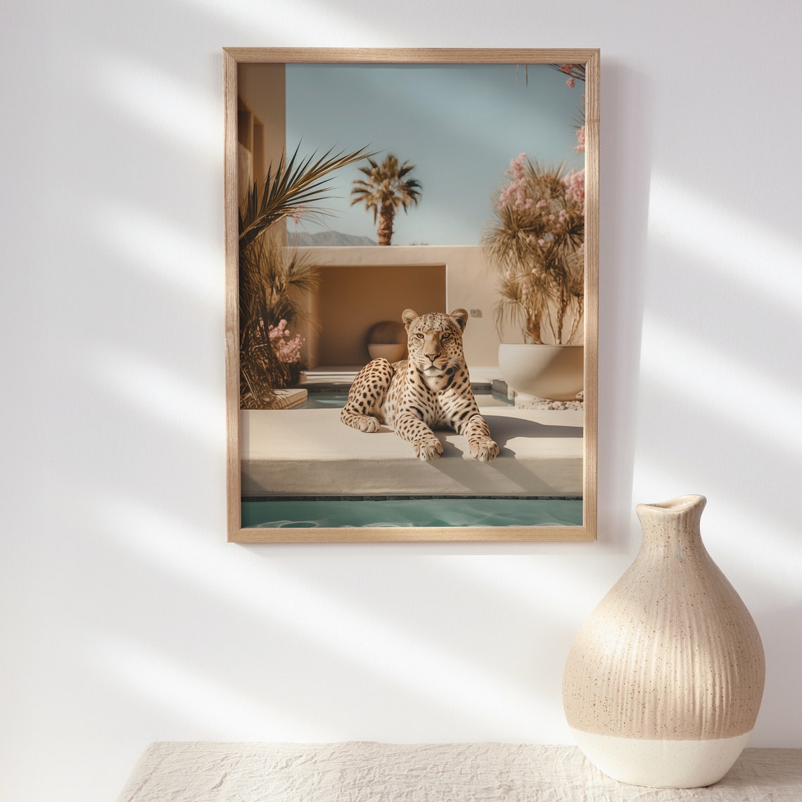 Leopard Lounging By Desert Villa Pool With Palm Trees Wall Art - Image 2