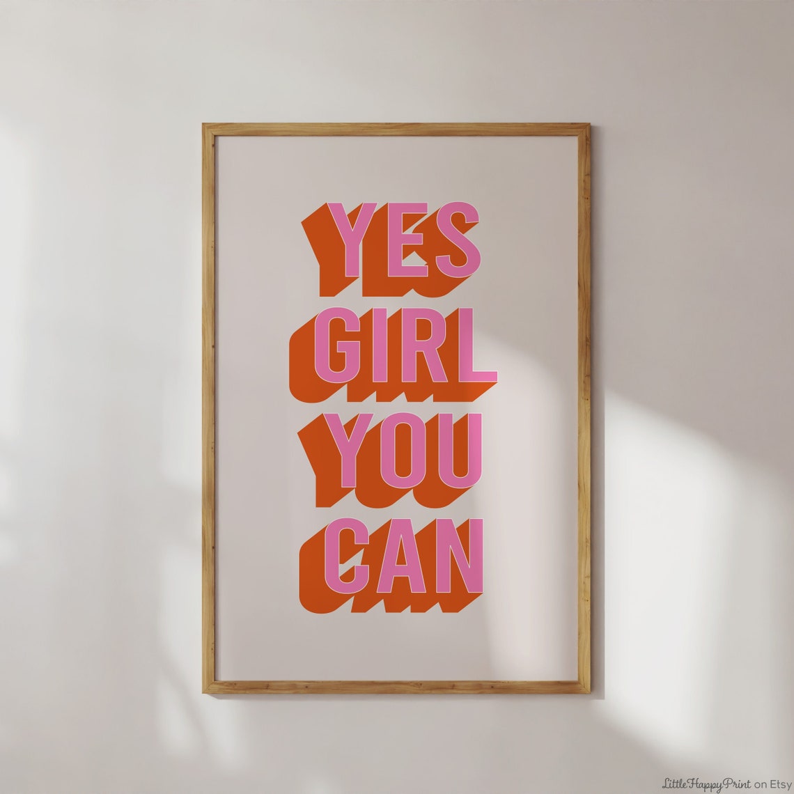 Yes Girl You Can Quote Pink Orange Retro Empowerment Wall Art