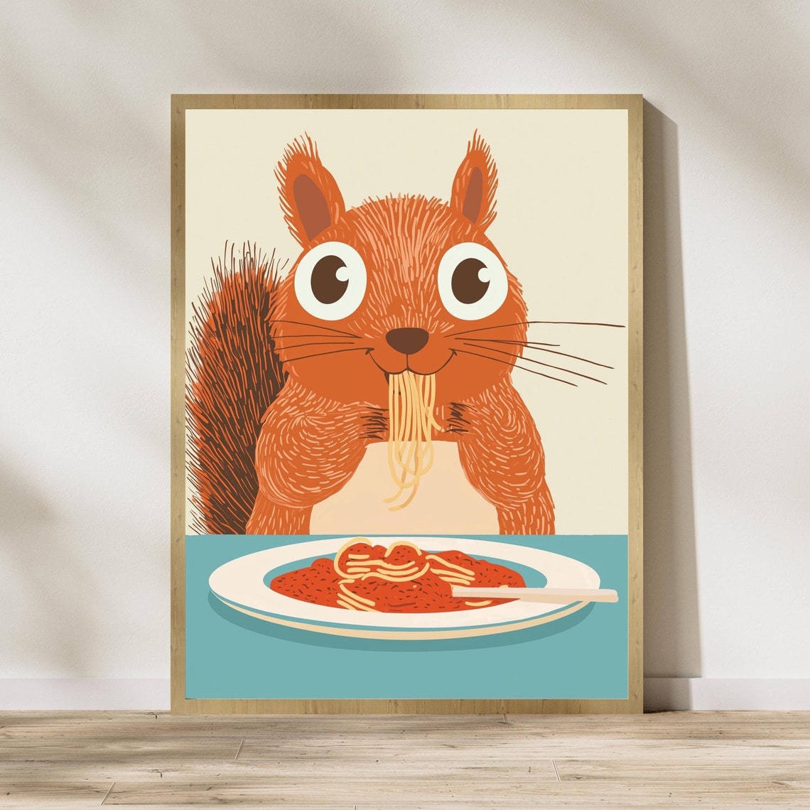 Adorable Red Squirrel Slurping Spaghetti Cartoon Kitchen Poster