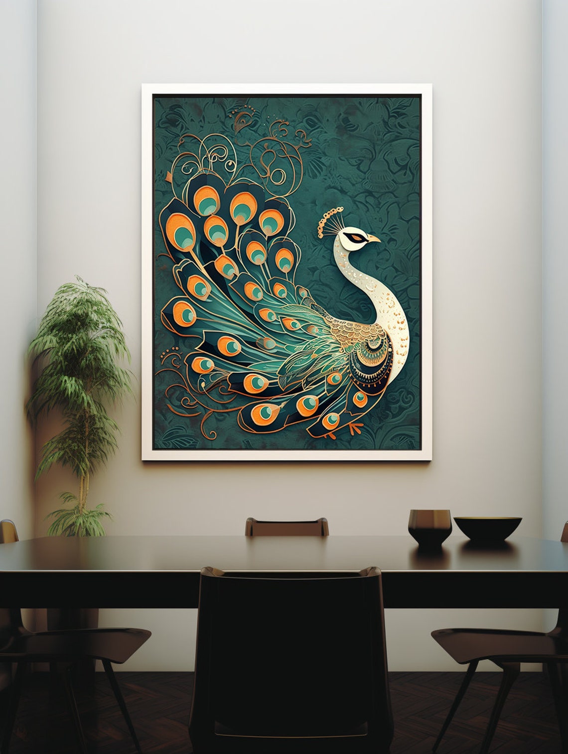 White Peacock With an Ornate Golden Tail on Patterned Teal Poster - Image 7